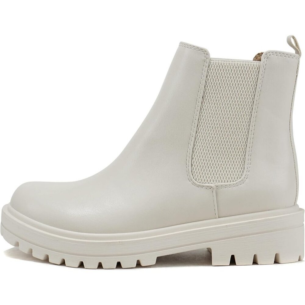 Women Bone Pu Lug Sole Low Chunky Heel Chelsea Double Elastic Gore Ankle Booties